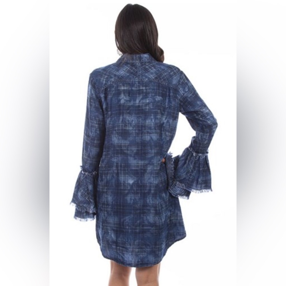 SCULLY  Western Rodeo Dress Womens Long Bell Sleeve Pearl Snap Navy Plaid‎ - S - Picture 2 of 9